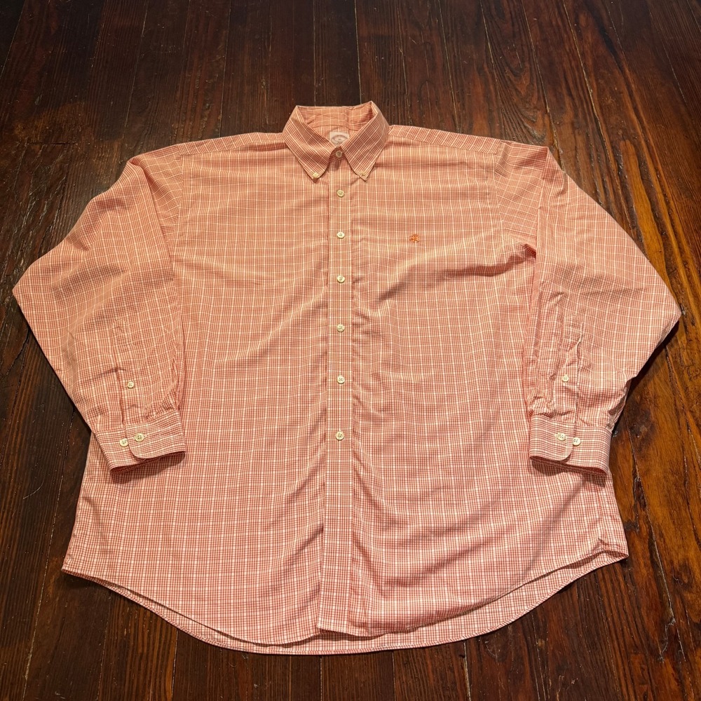 Brooks Brothers Shirt Mens XL Orange Plaid Logo 346 Dress Non Iron EUC